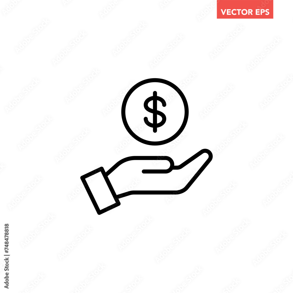Black single dollar in hand line icon, simple financial investment flat design vector pictogram, infographic interface elements for app logo web button ui ux isolated on white background Black single dollar in hand line icon, simple financial investment flat design vector pictogram, infographic interface elements for app logo web button ui ux isolated on white background