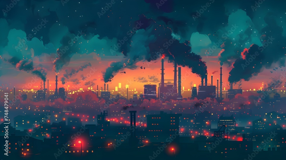 Industrial City with Smoke and Futuristic Towers
