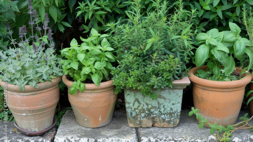 A of herbs growing in small pots near the edge of the garden. Fragrant basil mint and rosemary add fresh flavors to meals and provide numerous health benefits. A of herbs growing in small pots near the edge of the garden. Fragrant basil mint and rosemary add fresh flavors to meals and provide numerous health benefits.