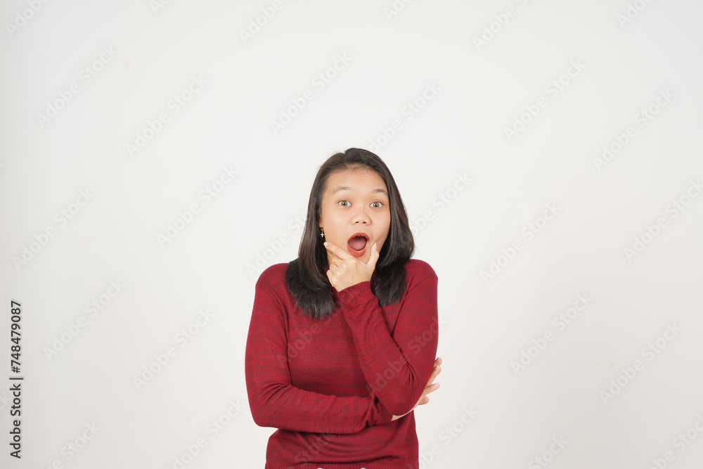 Young Asian woman in Red t-shirt doing Wow or Shock face and looking at camera isolated on white background Young Asian woman in Red t-shirt doing Wow or Shock face and looking at camera isolated on white background