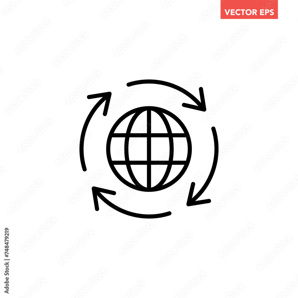 Black round globe with sync arrow path line icon, simple flat design vector pictogram, infographic vector for app logo label web button banner ui ux interface elements isolated on white background Black round globe with sync arrow path line icon, simple flat design vector pictogram, infographic vector for app logo label web button banner ui ux interface elements isolated on white background