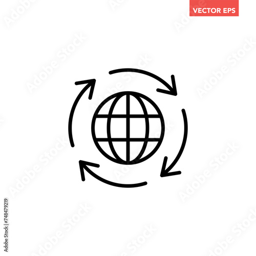 Black round globe with sync arrow path line icon, simple flat design vector pictogram, infographic vector for app logo label web button banner ui ux interface elements isolated on white background