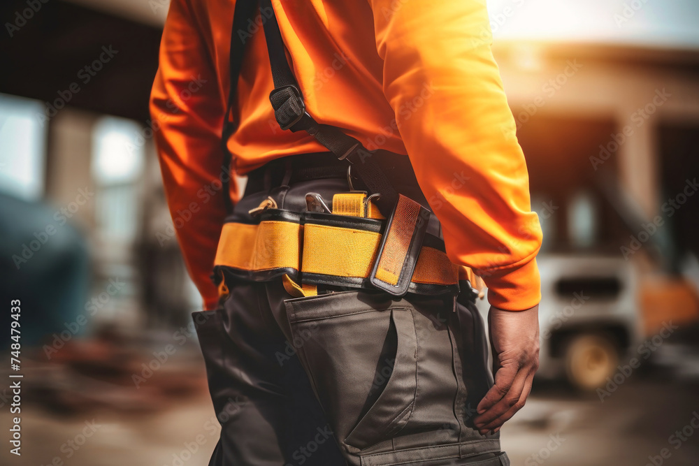 A builder wearing an orange shirt is holding a tool belt, ready to work A builder wearing an orange shirt is holding a tool belt, ready to work