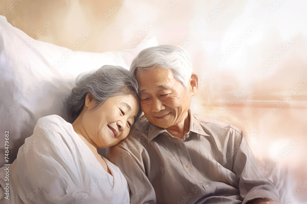 An elderly Asian man and woman are laying together on a bed, showcasing love and companionship in their golden years An elderly Asian man and woman are laying together on a bed, showcasing love and companionship in their golden years