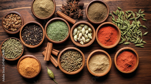 Assorted Spices and Herbs on a Wooden Table