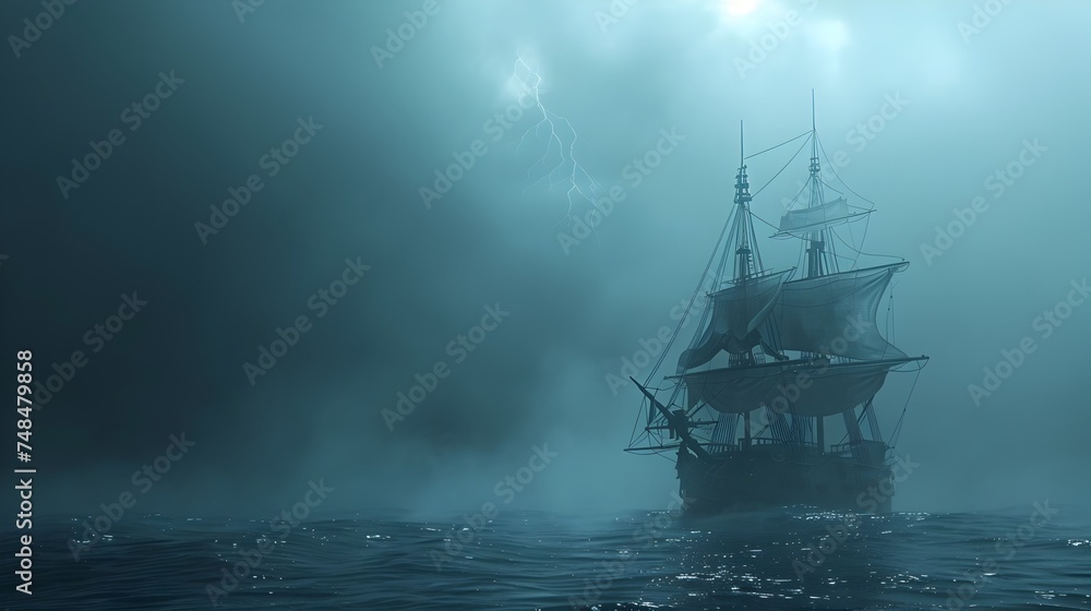 Pirate Ship in a Stormy Ocean at Rainy Sky