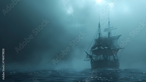 Pirate Ship in a Stormy Ocean at Rainy Sky