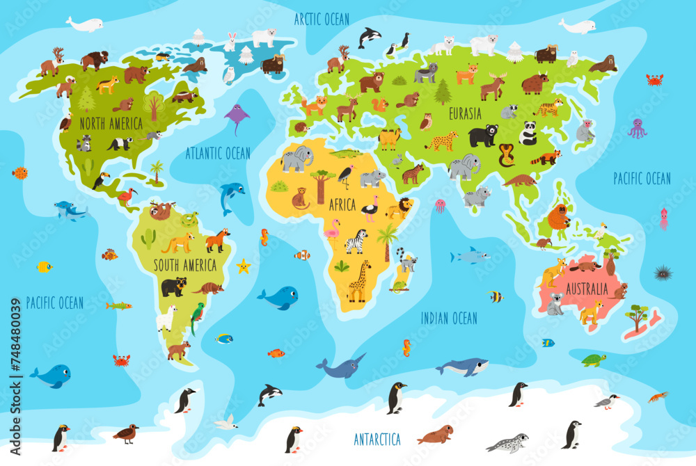 Fototapeta premium Funny cartoon world map with animals. Vector Illustration of a World Map with Animals for kids