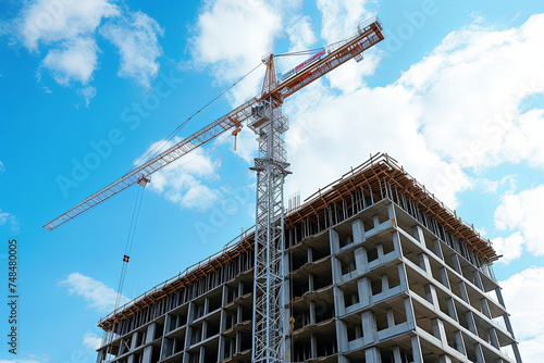 A crane hoisting heavy materials onto a high-rise building construction site