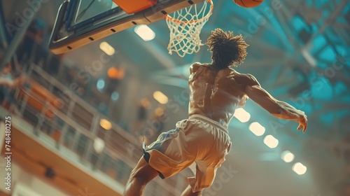 Basketball Player Executing a Perfect Slam Dunk in Back view  photo
