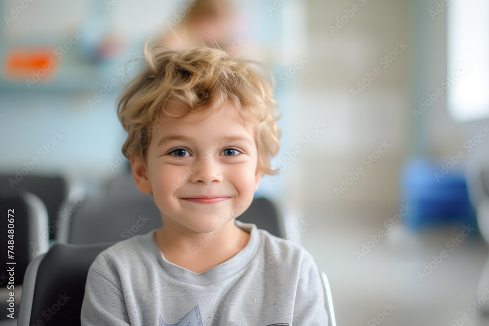 Close-up of a smiling young boy with curly hair. Close-up of a smiling young boy with curly hair.
