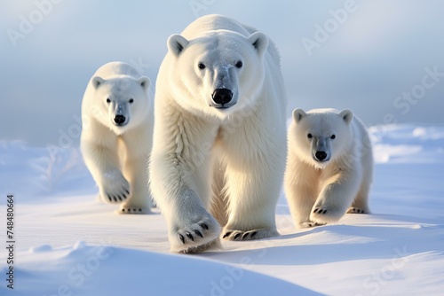 Frigid Polar bears snow arctic walking. Frozen world frigid snowy creature. Generate Ai