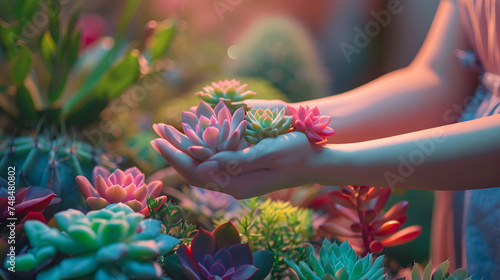 Side view at woman's hands holding colorful succulents, surrounded by vibrant greenery, Generative Ai.

