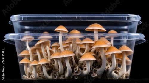 Close-up of psychoactive hallucinogens magic mushrooms with psilocybin growing in a transparent container on a black background. Cultivation of prohibited poisonous plants in a greenhouse.