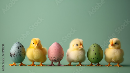 Easter chickens and eggs in a row on, Generative Ai.

 photo
