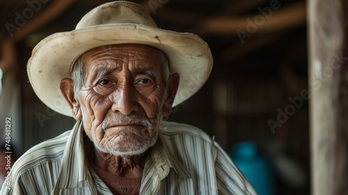 A portrait of elderly man at farm with hat, traditional mexican style, copy space.