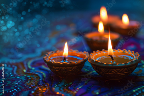 Diwali clay lamps lit on a vibrant blue patterned fabric, creating a festive and warm atmosphere.