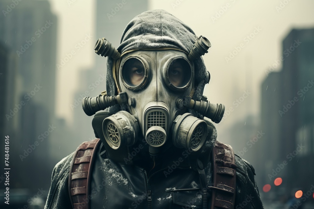 Protector Man in air gas mask. Polluted air. Generate Ai