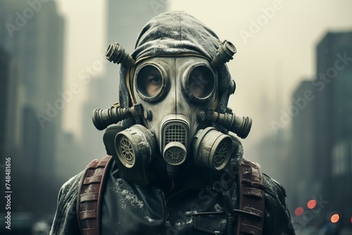 Protector Man in air gas mask. Polluted air. Generate Ai