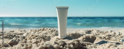 Sunblock lotion product mockup on sandy beach with clear blue skies. Concept Product Mockup, Sunblock Lotion, Sandy Beach, Clear Blue Skies