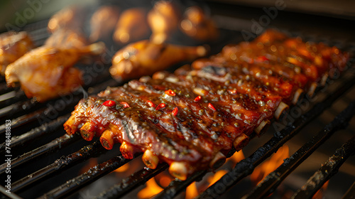 Delicious barbecue meats sizzling on the grill, bringing the taste of summer to your plate. Generative Ai