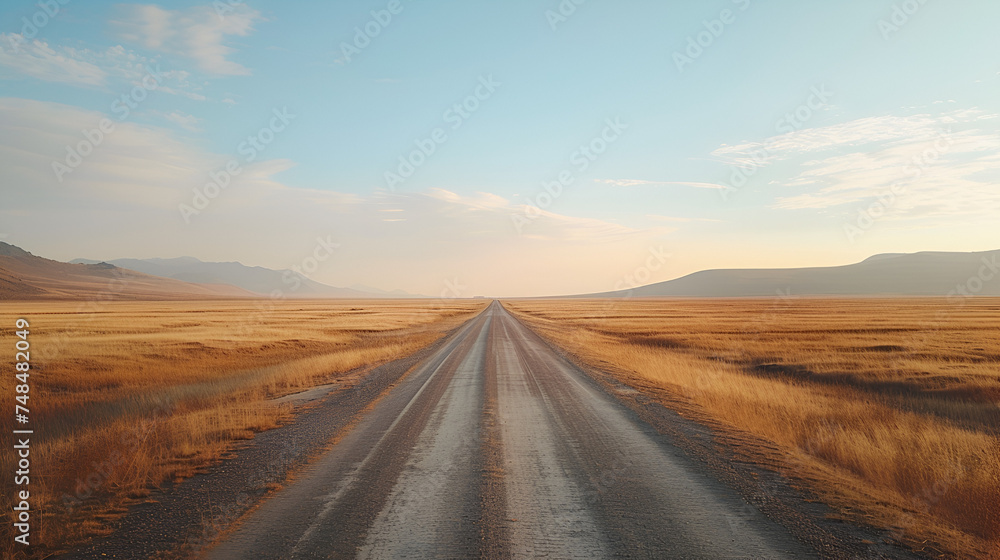 Straight road leads to a further destination in the morning desert landscape, capturing the essence of travel and nature, Generative Ai.

