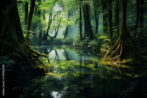 Lush Pond calm forest water. Plant spring. Generate Ai
