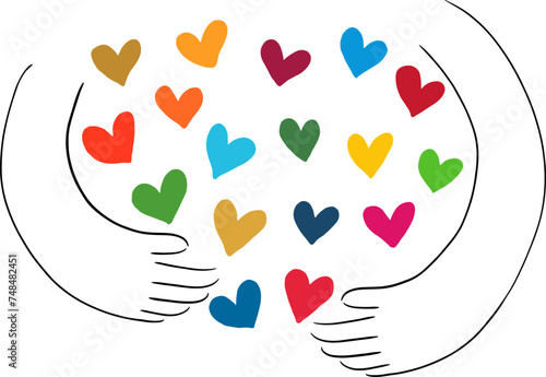 An image of hands wrapping a heart in SDGs colors, a simple and stylish hand-drawn illustration / 手でSDGsカラーのハートを包むイメージ、シンプルでおしゃれな手描きイラスト