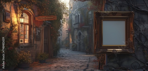 An empty frame in a 3D gallery, with a backdrop of an old-world, cobblestone street at dusk.
