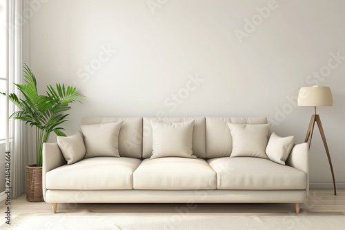 Modern living room with a comfortable beige sofa, a tall wooden floor lamp, and a green potted palm plant. Place for text