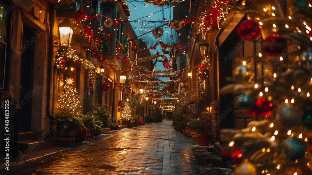 Traditional houses decorated with Christmas garlands stand out in the winter night, radiating warmth and charm, illuminating the old city streets with festive spirit, Generative Ai.