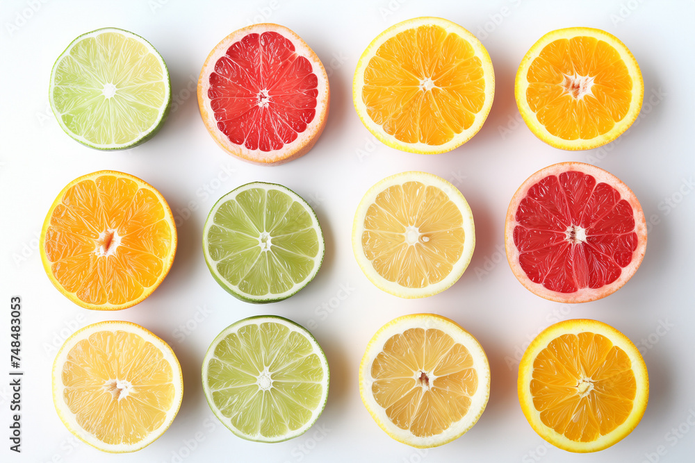 Colorful array of citrus fruit slices, including orange, lemon, lime, and grapefruit, neatly arranged on a white background with space for text, perfect for health and nutrition themes