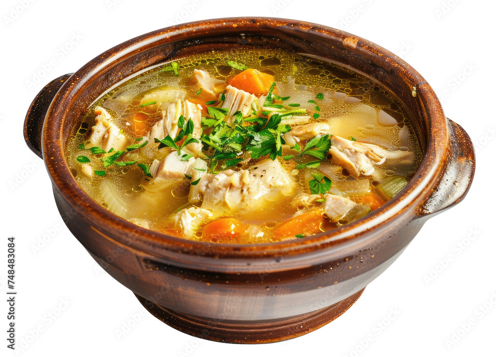 Soup with chicken in wooden bowl isolated on transparent background, top view