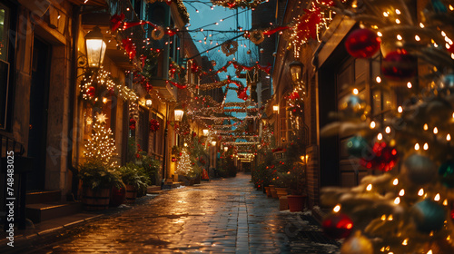 Traditional houses decorated with Christmas garlands stand out in the winter night, radiating warmth and charm, illuminating the old city streets with festive spirit, Generative Ai. photo