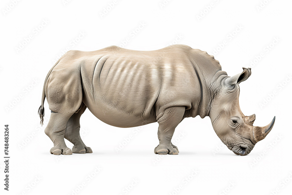 Fototapeta premium Realistic model of a rhinoceros isolated on white background with space for text, ideal for wildlife conservation themes and educational materials