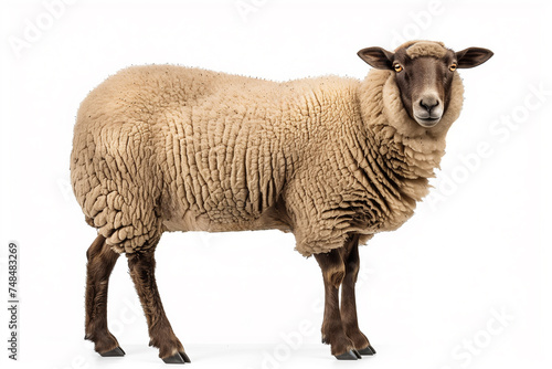 Full woolly brown sheep standing against a white background, with ample copy space, ideal for themes related to farming, textiles, and animal husbandry photo