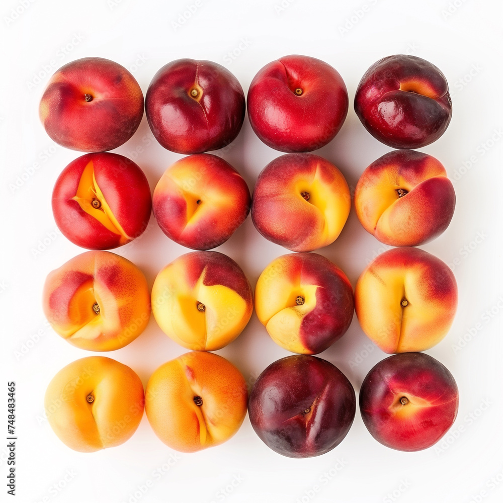 Assorted fresh stone fruits on a white background, featuring nectarines and plums with vibrant colors, ideal for nutrition and healthy eating concepts with copy space Assorted fresh stone fruits on a white background, featuring nectarines and plums with vibrant colors, ideal for nutrition and healthy eating concepts with copy space