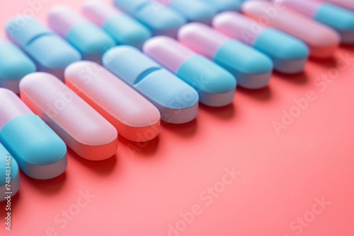 Pastel-colored vitamins in a gradient from pink to blue on a coral background.