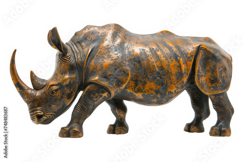 Detailed wooden rhinoceros sculpture with intricate patterns isolated on a white background  ideal for environmental conservation concepts or African wildlife-themed designs with copy space