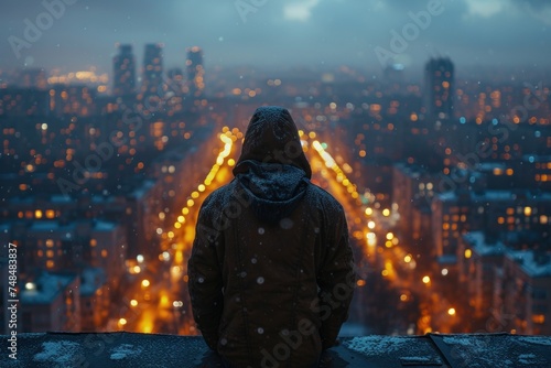 Night Watchman Among the Skies: A Mysterious Hooded Watcher on the City Roof