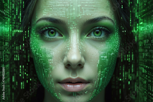 Illustration of woman face against green binary code