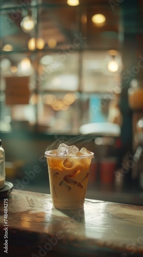 Fresh cup of iced coffee on food truck counter top.. Barista, bistro, outdoor. Room for copy space. © steve