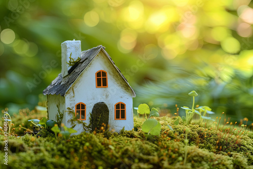 Eco-friendly house, Little Paper House on moss in the garden