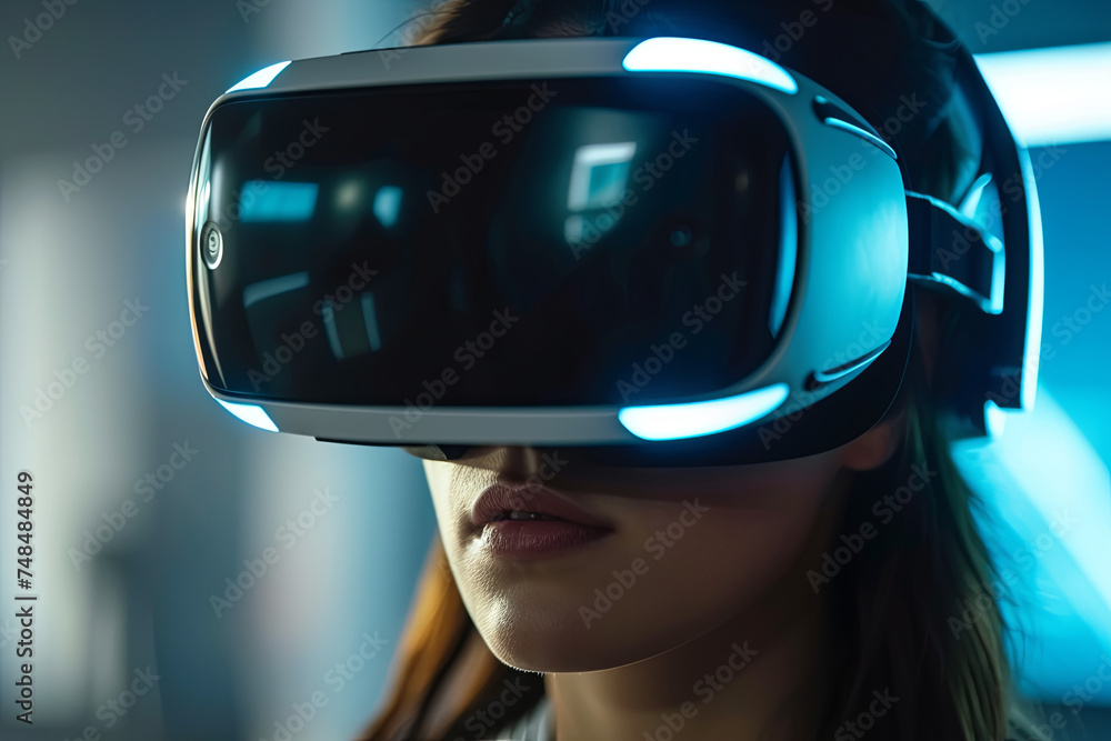 A person with a virtual reality visor dock A person with a virtual reality visor dock