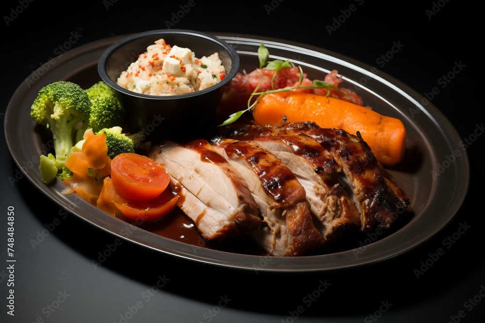 Tender Pork bbq plate. Sauce cooked lamb. Generate Ai Tender Pork bbq plate. Sauce cooked lamb. Generate Ai