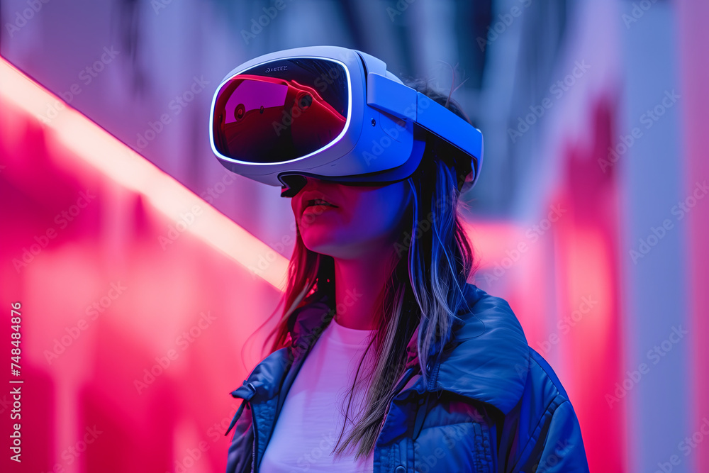 A person with a virtual reality visor dock A person with a virtual reality visor dock
