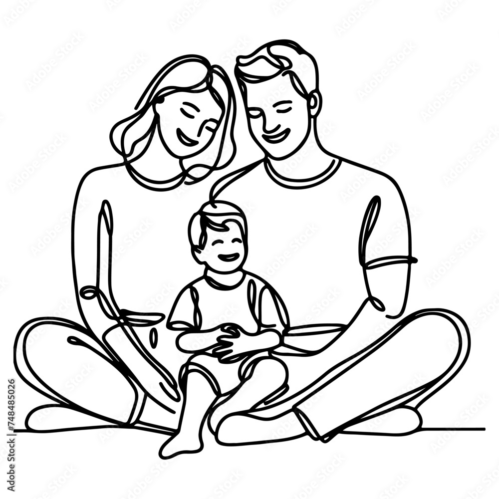 Continuous one black line art drawing happy family father and mother with child doodles style vector illustration on white Continuous one black line art drawing happy family father and mother with child doodles style vector illustration on white