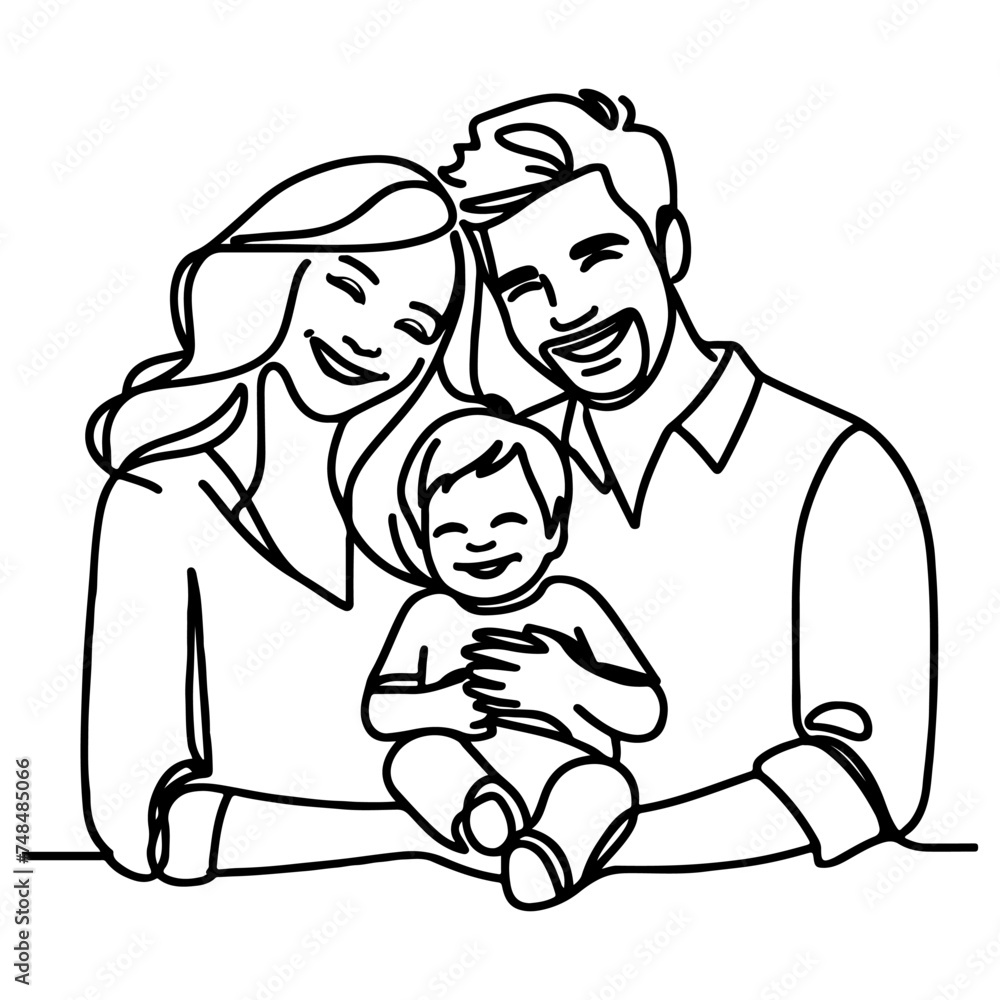 Continuous one black line art drawing happy family father and mother with child doodles style vector illustration on white Continuous one black line art drawing happy family father and mother with child doodles style vector illustration on white