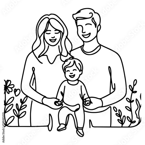 Continuous one black line art drawing happy family father and mother with child doodles style vector illustration on white