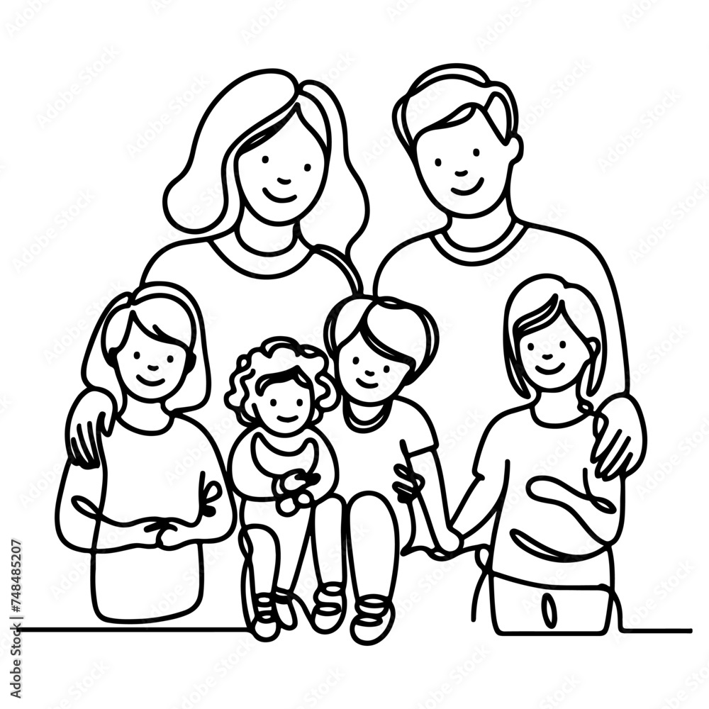 Continuous one black line art drawing happy family father and mother with child doodles style vector illustration on white Continuous one black line art drawing happy family father and mother with child doodles style vector illustration on white